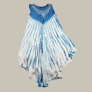 Rima Beachworld Blue Tie Dye Embroidered Sequin Handkerchief Hem Dress OSFM